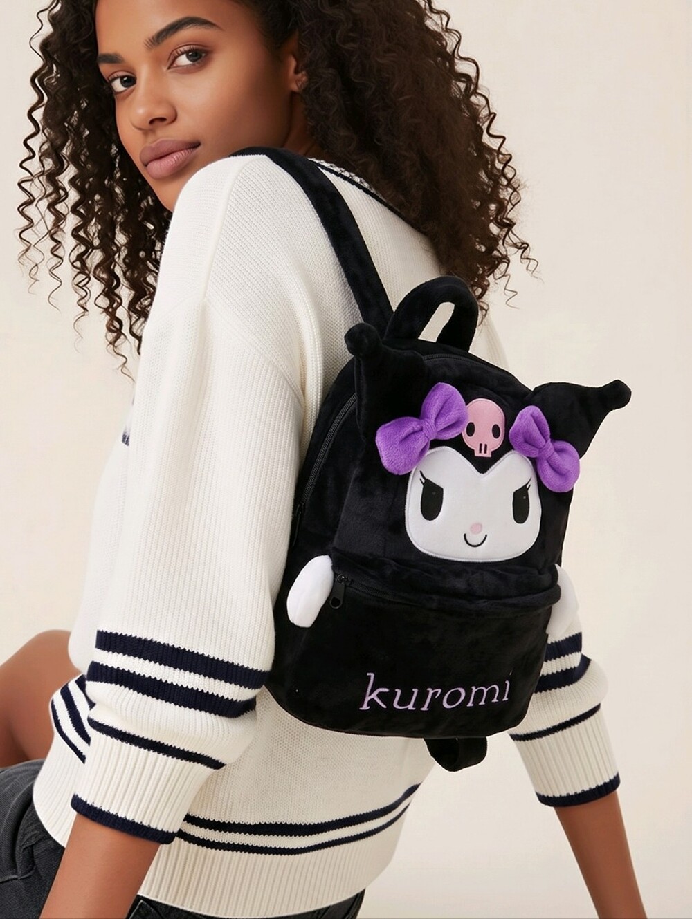 Kuromi Plush Backpack Sanrio Hello Kitty Black Furry Kawaii Spooky Book Bag 15”